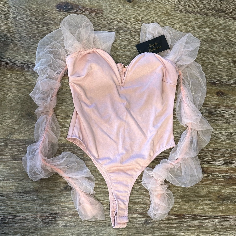 NEW Kaylee Kollection Pink Bodysuit with Dramatic Tulle Sleeves
